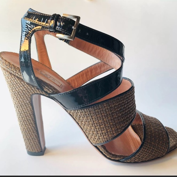 Alaia Paris Brown Woven with Black Patent Ankle Strap Heels Strappy 37.5 /7.5 - Picture 3 of 6